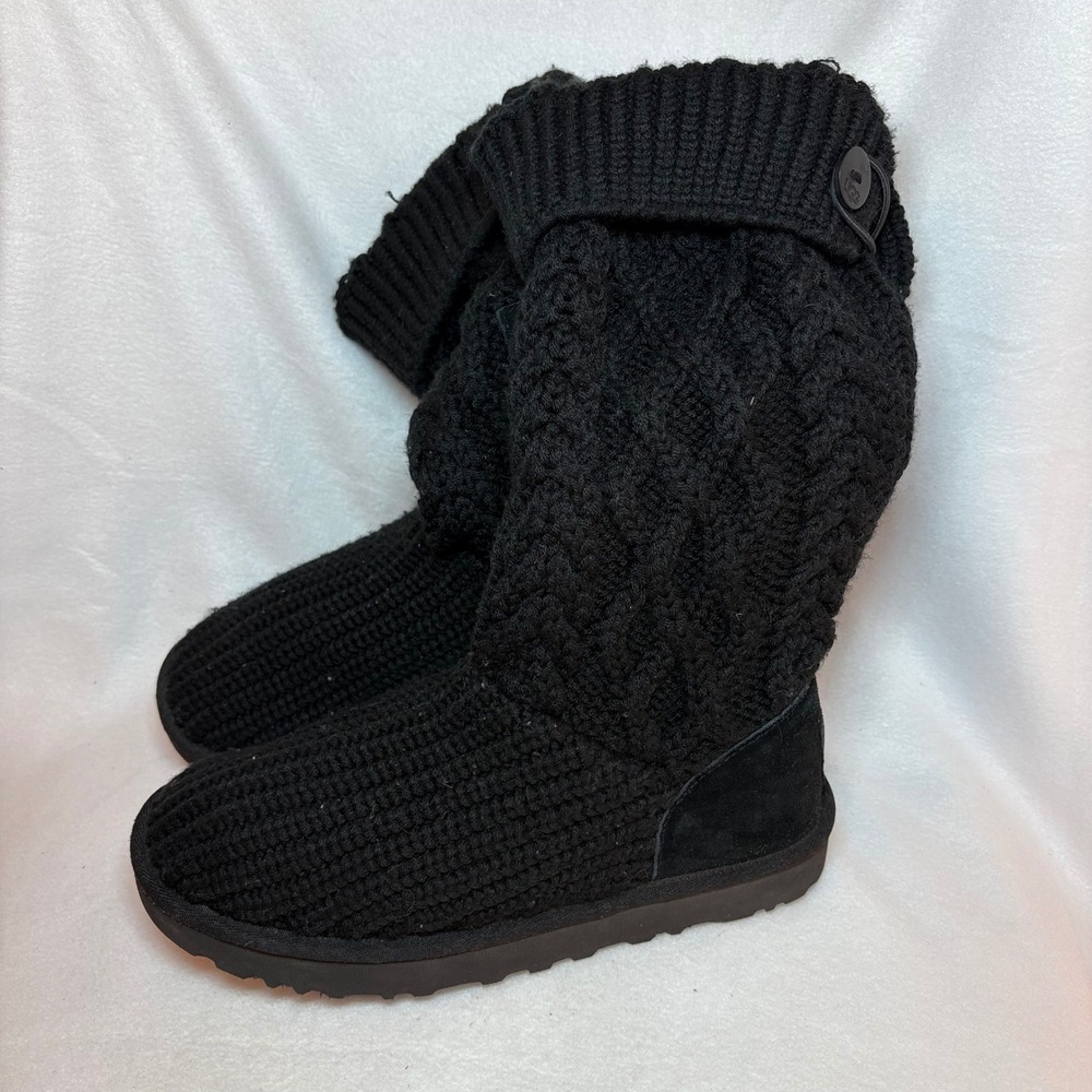 UGG Australia Black Cable Knit Tall Boots Button Fold Over Suede Trim Women